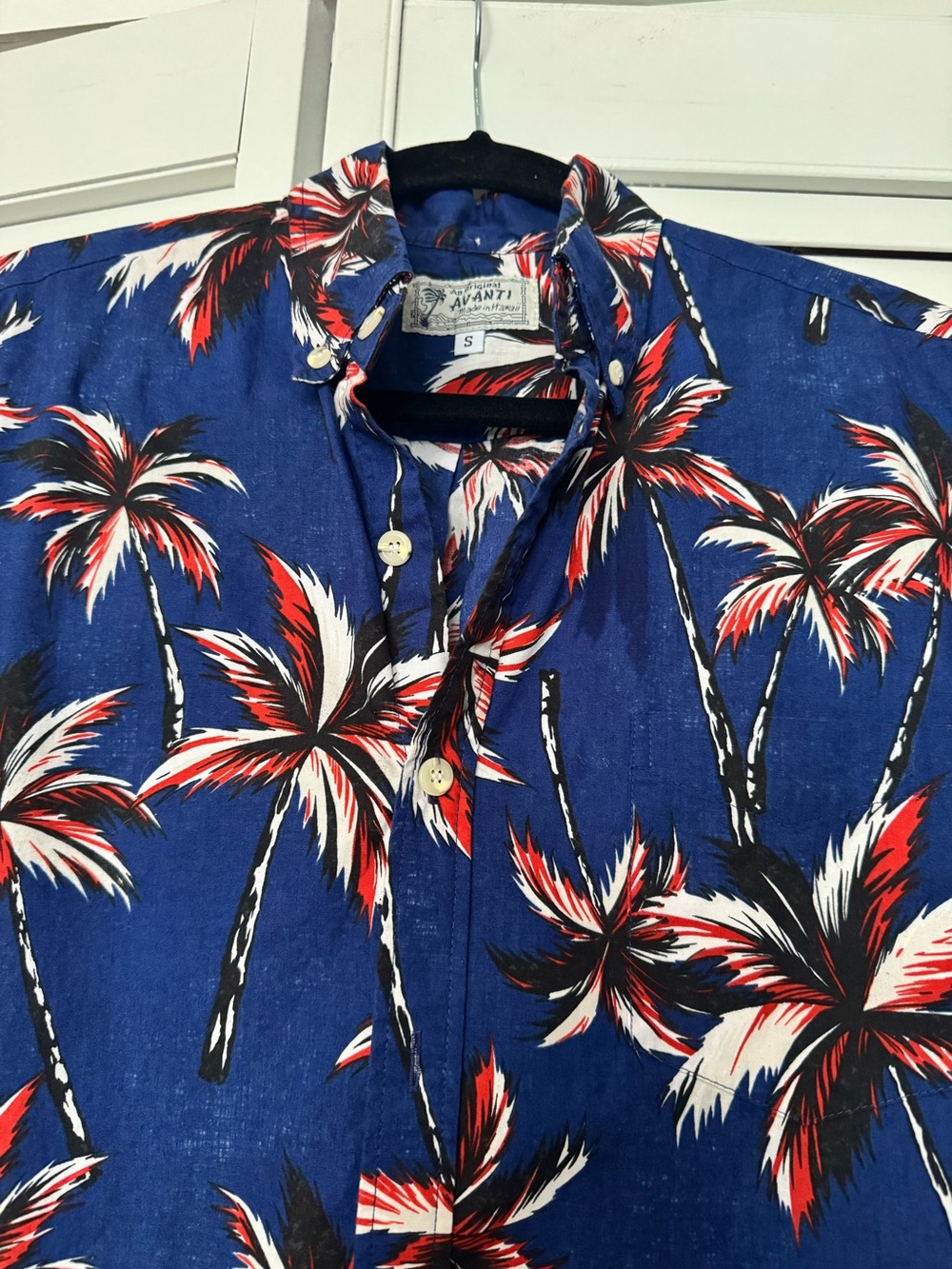 Avanti Royal Blue Palm-Print Tropical Hawaii Cotton Shirt S